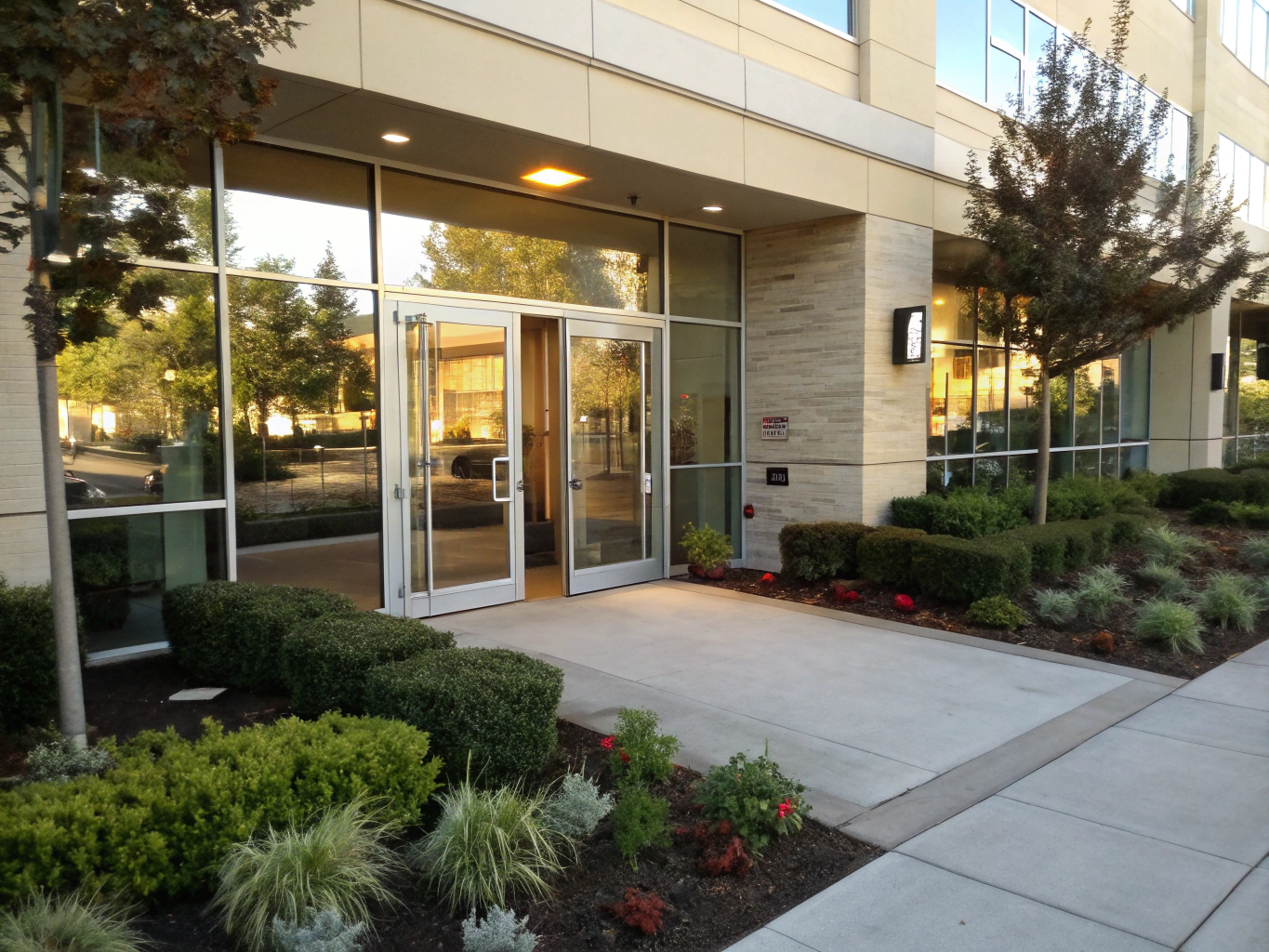 Modern commercial building entrance with glass doors and warm lighting