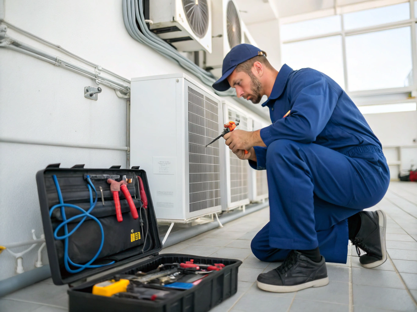 Inspector examining HVAC systems in commercial office building mechanical room